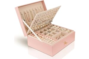 Chelory Jewellery Box Organiser for Women Girls, 3 Layer Large Jewellery Storage Case for Rings Earrings Necklace Bracelets Faux Leather Jewelry Gift Box (Pink)