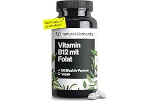 ‎NATURAL ELEMENTS natural elements Vitamin B12 – 180 vegane Tabletten für 6 Monate – 500µg Vit B12 und 200µg Folsäure pro Tagesdosis – hochdosiert, ohne unnötige Zusätze – in Deutschland produziert & laborgeprüft