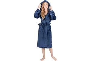MONHOUSE Womens Dressing Gown - Premium Super Soft & Cosy Long Bathrobe - Ladies Thick Flannel Luxury Housecoat - Shearling Spa Robe for Her - Warm Fluffy Sherpa Bathrobe with Hood, Pockets & Tie