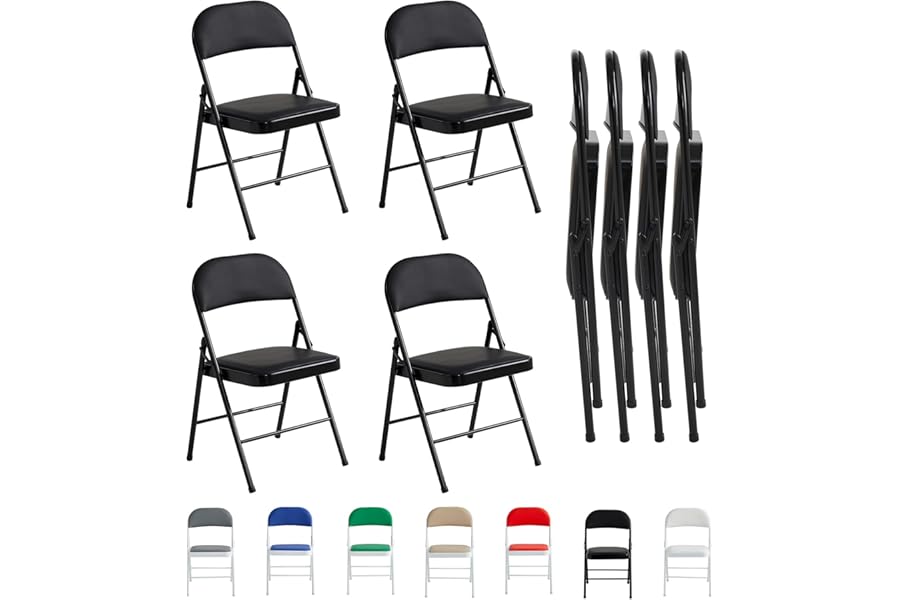 mcc direct Folding Chairs, Faux Leather Foldable Chairs with Metal Frame and Padded Seat, Easy to Fold and Store for Home, Office, Dining and Reception (4, Black)