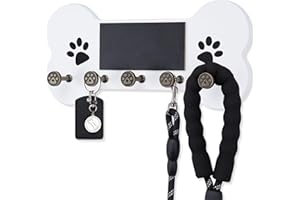 Nekon Dog Leash Holder for Wall - Wooden Key Holder Wall Mount for Entryway Organization - Pets Accessories Storage with Chalkboard and Hooks (White)