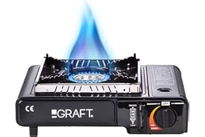 GRAFT Set hornillo gas portátil | Conformidad CE | estufa gas, hornillo camping exterior | Incluye funda, protección contra el viento y adaptador para cafetera | barbacoa gas, cocina gas, parrilla