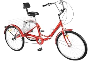 Ealtqund Triciclo para adultos, 24 pulgadas, 7 velocidades, plegable, con soporte para bebidas, luz frontal, 3 ruedas, capacidad de carga de 210 kg, para compras, ocio y personas mayores, color rojo