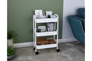 Mabel Home Storage Cart 3 Tier with Wheels and Handle, Metal Storage Utility Rolling Trolley, Multi-Purpose (White)
