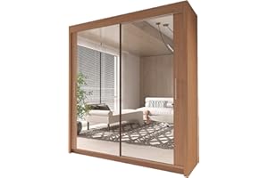 INTERWOOD Modern Full Mirror 2&3 Sliding Doors Wardrobe With Adjustable Shelves, Hanging Rails, Bedroom Furniture (Oak 180cm)