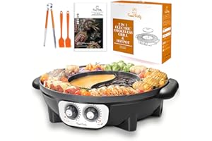 ‎FOOD PARTY Food Party Hot Pot and Table Grill Electric Hotpot Pot Electric Grill 220 V 2200 W 2 in 1 Electric Hot Pot Indoor Korean BBQ Grill Thai Barbecue Fondue Raclette XXL for 8 People