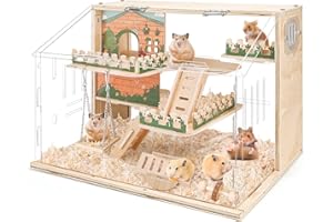 LUCXHCKY Wooden Hamster Cage Large, 16-Inch 3-Layer Acrylic Hamster Cage, Small Animal Cages With Platform and Playpen for Direct Observation, Pet Supplies