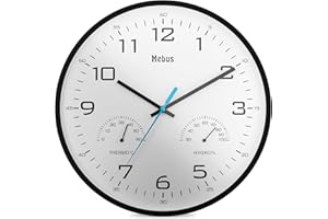 Mebus Orologio da parete analogico al quarzo con termometro e igrometro, in plastica, nero, diametro 30 cm, 16180
