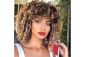 PORSMEER Peruka afro, ombre, blond, naturalne sztuczne włosy z grzywką, dla kobiet, długość ramion, afro, kręcone, kręcone, dla czarnych kobiet, 30 cm, czarna, mieszana blond