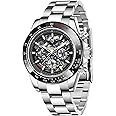 PAGANI DESIGN 1777 Men's Multifunction Automatic Mechanical Watch Skeleton Rainbow Bezel Stainless Steel Strap Waterproof Luminous Luxury Analog Watch