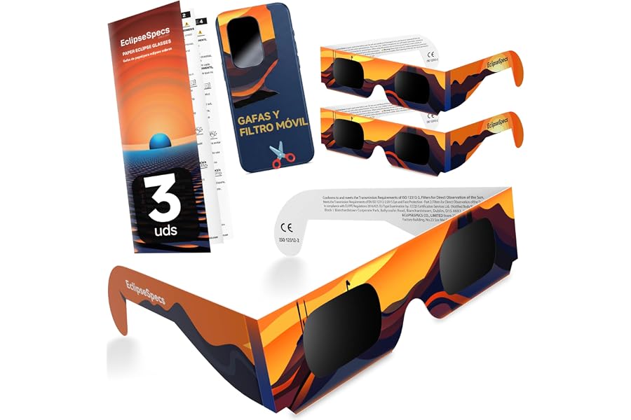 EclipseSpecs Lunette eclipse solaire [Lot de 3/5 /10] -Homologuées Certifiées ISO 12312-2 et CE- Conçues pour l'observation d