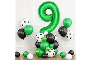 DAGELAR Football Balloons 9th Birthday Decorations for Boy, Soccer Birthday Party Decorations with Dark Green Number Balloon 9, Black Green White Balloons for World Football Sports Theme Party Supplies
