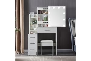 Saihemei Dressing Table Vanity Table with Large Mirror, 4 Drawers and 6 Shelves Cosmetic Storage Dresser for Bedroom Studio
