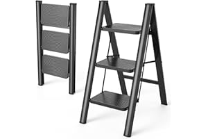 HBTower 3 Step Ladder, Lightweight & Compact Folding Step Stool with Anti-Slip Pedals and Rubber Feet, Heavy Duty Steel Frame, 150kg Capacity, Easy to Carry for Home and Kitchen Use