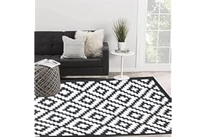 Enipate Geometric Outdoor Rugs for Garden Patios Clearance, 4x6ft Reversible & Easy Cleaning Decking Rug, Portable Comfortable Woven Waterproof Carpet (120x180cm, Black)
