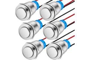 HOTUT 6 Pieces 12 mm Latching Push Button Switch, Waterproof Self-Holding Metal Push Button Switch with Pre Wiring, Push Button Switch, Round Push Button Switch, Locking Button Switch (High Head)
