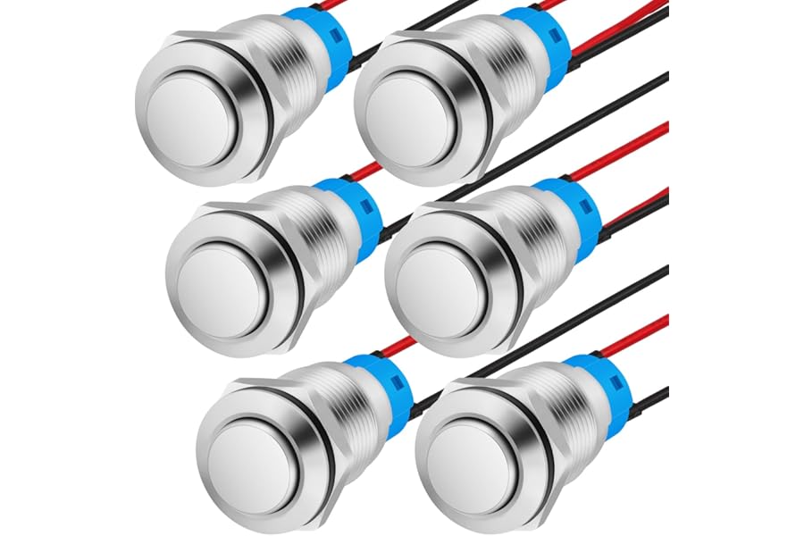 HOTUT 6 Pieces 12 mm Latching Push Button Switch, Waterproof Self-Holding Metal Push Button Switch with Pre Wiring, Push Button Switch, Round Push Button Switch, Locking Button Switch (High Head)