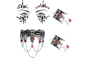 PAPU 4er Halloween Schmuck Set,Gothic Schmuck Spitze Halskette & Gesicht Edelsteine & Armbänder,Steampunk Vampir Kostüm Damen Accessoires für Halloween Karneval Maskerade
