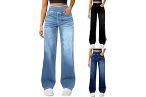 Generico Jeans Donna Vita Alta a Gamba Larga, Pantaloni in Denim Elasticizzato Comodi con Cintura Elastica e Tasche,Stile Casual per Ogni Occasione