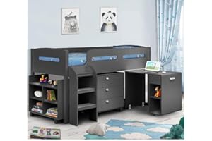 happybeds Kids Mid Sleeper Bed, Kimbo Sleep Station Contemporary Desk Drawers Shelf Storage Childrens Cabin Bed Frame (Anthracite, 3FT - Orthopaedic Mattress)