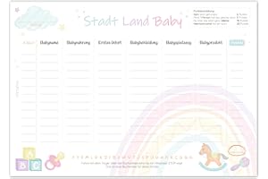 ‎PICTALOO PICTALOO Stadt Land Fluss Baby Spielblock, Babyparty Babyshower Spiel, Spieleblock zum Ausfüllen für Mädchen & Junge, Geschenk Quiz Block DIN A5 mit 50 Seiten, Partyspiel (1x)