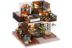 Spilay DIY Miniature Dollhouse Wooden Furniture Kit,Handmade Mini Crafts Modern Villa Model with Dust Cover & Music Box,1:24 Scale Creative Doll House Toys (LV001) (Forest Teashop)