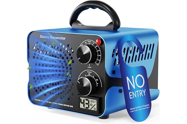 Ozongenerator 180000mg/h,3 Hastigheter Bärbar Ozon Luftrenare,Ozonmaskin | 2h Timer,35dB,Temperatur-/Fuktighetsdisplay,Desinficering och Luktborttagning,Täcker upp till 500㎡,för Hemmet, Kök, Källare