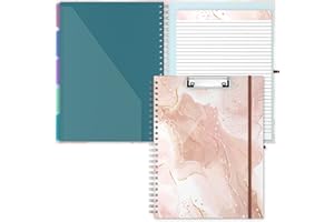 Hnogri Portapapeles Folio con bloc de notas rayado recargable, portapapeles con 5 carpetas A4 Almacenamiento 10 bolsillos, portafolio de tabla de clip espiral, tamaño 12.8 "x 9.7", Mármol rosa