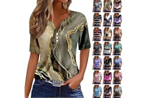 KANPOLA DAMEN SWEATSHIRTS Kanpola Bluse Damen Elegant V-Ausschnitt T-Shirt Mode Bunte Drucken Lose Kurzarm Sommeroberteile Knopfleiste Tunika Tops Frauen Hemdbluse Freizeit Strand Oberteile Sommershirts