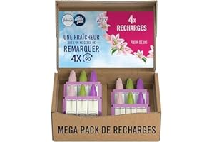 Febreze Désodorisant Électrique, Méga Pack de Recharges (4 Recharges de 20ml avec 3 Parfums en Alternance), Parfum Fleur de Lys, Combat les Odeurs en Continu, Fraîcheur Jusqu'à 90 Jours