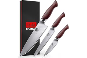 SHAN ZU Set de 3 Couteaux de Cuisine Japonais en Acier Inoxydable 10Cr15MoV, Manche Bois Pakka Ergonomique - Ensemble de Couteaux Avec Couteau de Chef, Couteau d'Office, Couteau Universel