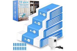 Bestash Worki próżniowe na ubrania, kołdry, 16 sztuk, worki próżniowe do pakowania ubrań, worki próżniowe z pompką, do przechowywania ubrań i organizacji