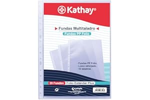 Kathay 86557200. Bolsa de 20 Fundas Transparentes, 16 Taladros, Tamaño Folio, Polipropileno Estándar Liso