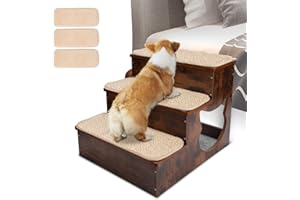 Midyb Schody dla małych psów, 3 stopnie, drewniane schody dla zwierząt domowych z otworem na kota, wysokość 36 cm, do łóżka i sofy, z antypoślizgowym dywanem