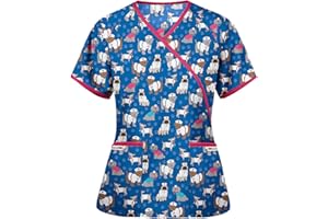 RMOON FELPA Rmoon Medico Donna Casacca Infermiere con i Bottoni a Pressione Divisa Infermiere a Manica Corta Scollo V Stampa per i Dottori, Dentiste, Infermiere, Pediatri, Studenti, Veterinari