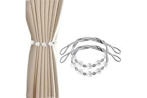 CERULETREE Curtain Tiebacks Curtain Tie Backs Crystal Beads Curtain Holdbacks Rope Handmade Curtain Rope Tiebacks for Drapes One Pair (Silver)