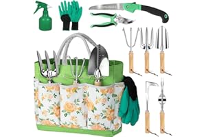 YAUNGEL Gartenwerkzeug Set, 10 Stück Schwerlast Edelstahl Gartenarbeit Kit, Gartengeräte Set mit Non-Slip Holzgriff- Garten Geschenke Verpackung für Frauen Männer