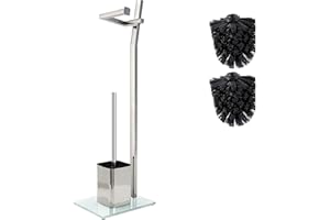 Piantana Portarotolo e Scopino in Acciaio Inox Lucido - Smartpeas Porta Carta Igienica e Scopino da Terra con Base in Vetro - Set Wc 22 x 18 x 70 cm con 1+2 Testine Ricambio