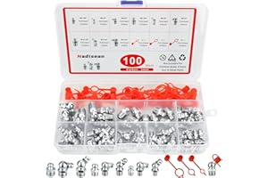 Nadisean 100 Stück Schmiernippel Sortiment Kit, Schmiernippel Set M6 M8 M10 Gerade und Abgewinkelt 45 °90 °, Kegelschmiernippel für Schmierpressen, Hydraulik Fettnippel mit Kappen Aufbewahrungsbox