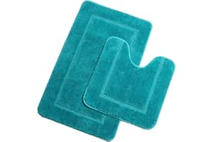 Pauwer Microfibre Set de Tapis Toilette Antidérapant Absorbants Lavable Tapis de Bain et Contour WC ， Turquoise, 53 x 86 cm+50 x 50 cm