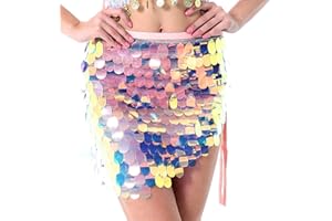 Yienate Sexy Damen Bauchtanz Kostüm Pailletten Rock Sparkle Multicolor Meerjungfrau Hüfttuch Wrap Minirock Rave Kostüm