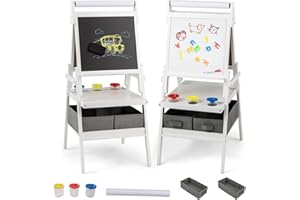 RELAX4LIFE 3 in 1 Lavagna per Bambini, Cavalletto con Doppia Faccia Magnetica e Lavagna Bianca, Rotolo di Carta, Scaffale Doppio e 2 Cesto in Tessuto Pieghevole, 3 Tazze, Legno per 3+ Anni (Bianco)