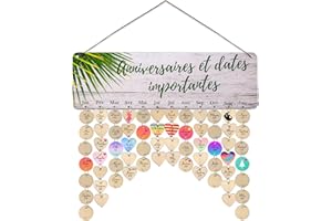 Calendrier anniversaires perpétuel Cassiana en Français. Pour se souvenir des fêtes de famille et d'amis, les dates d'évènements importants. Suspension murale en bois naturel décoration personnalisée.