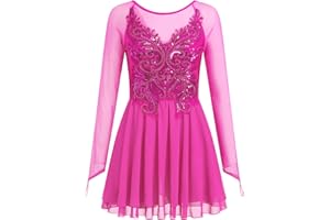 IBAKOM Figure Skating Dress for Women Butterfly Sequin Mesh Sleeve Adult Ice Skater Outfits Rhythmic Gymnastics Chiffon Dress