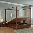 WOODLAB Sheesham Wood Queen Size Poster Bed with Hydraulic Storage Wooden Double Bed for Bedroom Living Room (Natural Finish)