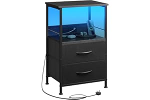 WLIVE Bedside Table,with App-Controlled LED Lights & Charging Station, 2 Fabric Storage Drawers with 2 AC Outlets & 2 USB Ports,Ideal for Bedroom Use,Livingroom (Black, 1pcs)