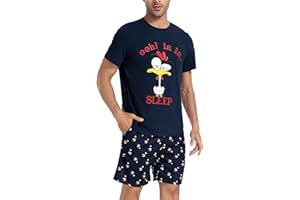Jezonga Schlafanzug Herren Kurz Pyjama Lustig Baumwolle Shorty Nachtwäsche Zweiteilige Pyjamas mit Hahn T-Shirt und Schlafanzughose für Männer