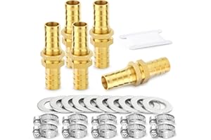 TAILONZ PNEUMATIC 5PCS Brass Hose Thru-Bulk Bulkhead Fitting 8mm to 8mm Barb, Straight Hex Union Fitting with 10PCS Clamp