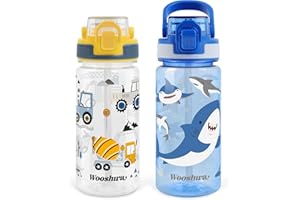 omedecal Botella de Agua, A Prueba de Fugas 480ml 2 Piezas Botellas con Pajitas, Sin BPA con Asa, Apto para Lavavajillas - Excavadora & Tiburón