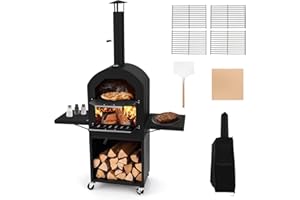 TANGZON Outdoor Pizza Oven, Wood-fired Pizza Maker with Waterproof Cover, Built-in Thermometer, Patio Cooking Grill for Camping Backyard BBQ (with Side Storage Shelves, 116 x 44 x 170 cm)